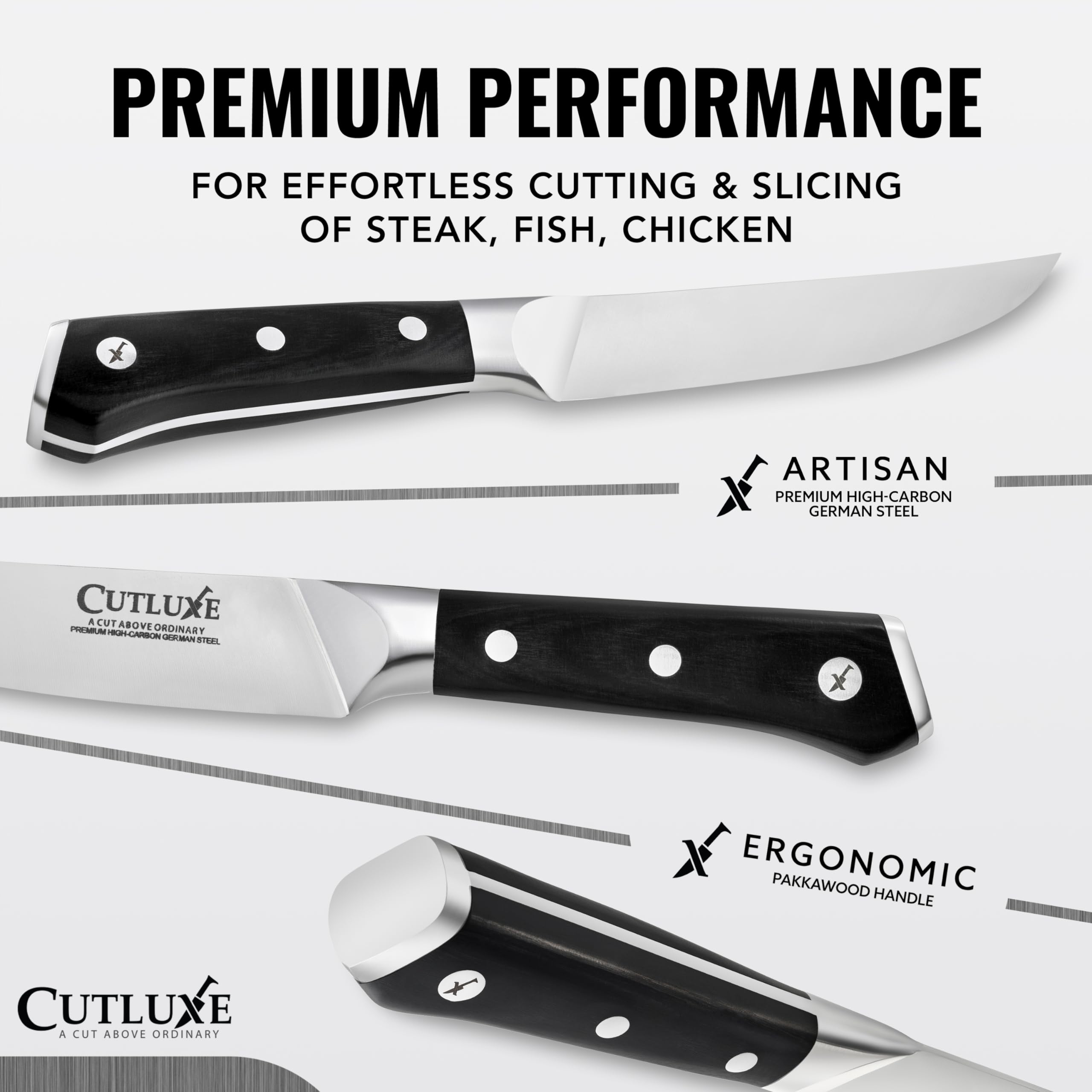 Cutluxe lame gros plan montrant acier allemand pour coupes nettes