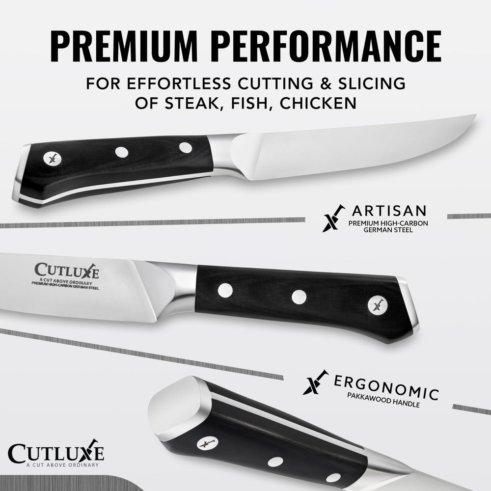 Cutluxe lame gros plan montrant acier allemand pour coupes nettes