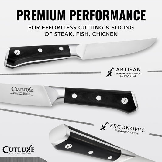 Cutluxe lame gros plan montrant acier allemand pour coupes nettes