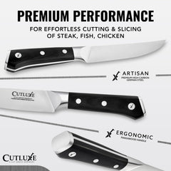Cutluxe lame gros plan montrant acier allemand pour coupes nettes