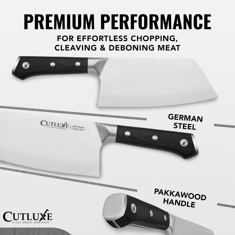 Cutluxe gros plan sur la lame en acier allemand, précision de coupe visible