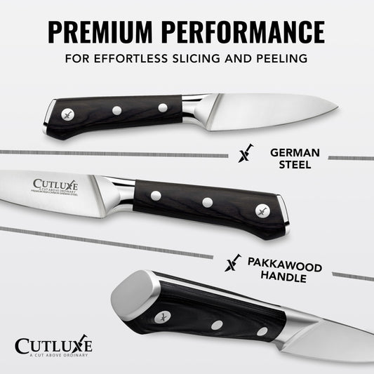 Cutluxe gros plan lame en acier allemand, précision de coupe accrue