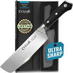Cutluxe vue avant du Nakiri 7" montrant la lame et le manche, pratique pour préparation