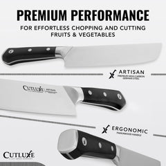 Cutluxe gros plan sur la lame en acier forgé montrant finition polie et durabilité