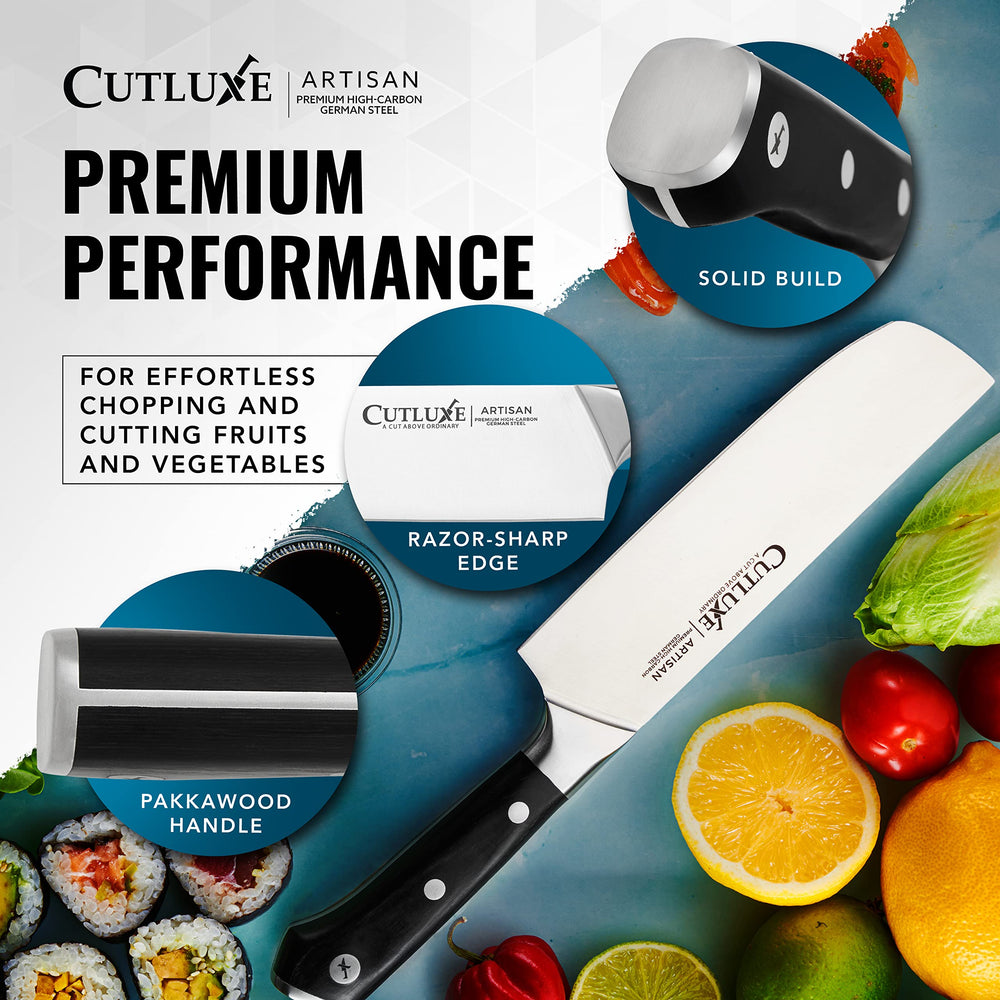 Cutluxe Nakiri posé sur un plan de travail élégant montrant design adapté à la cuisine