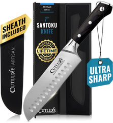 Cutluxe santoku face avant et emballage, vue professionnelle et bénéfice rangement