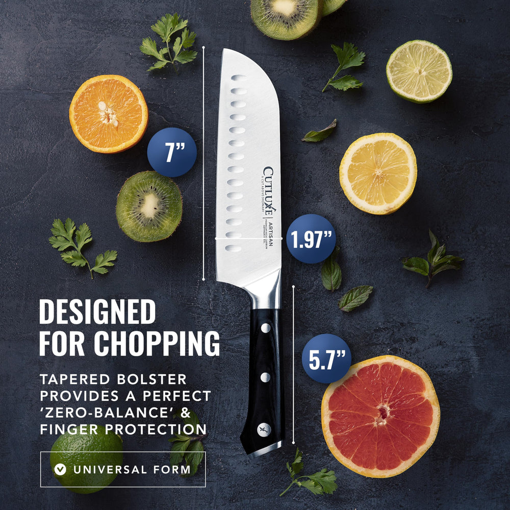 Cutluxe santoku à l'échelle pour visualiser taille et polyvalence utile