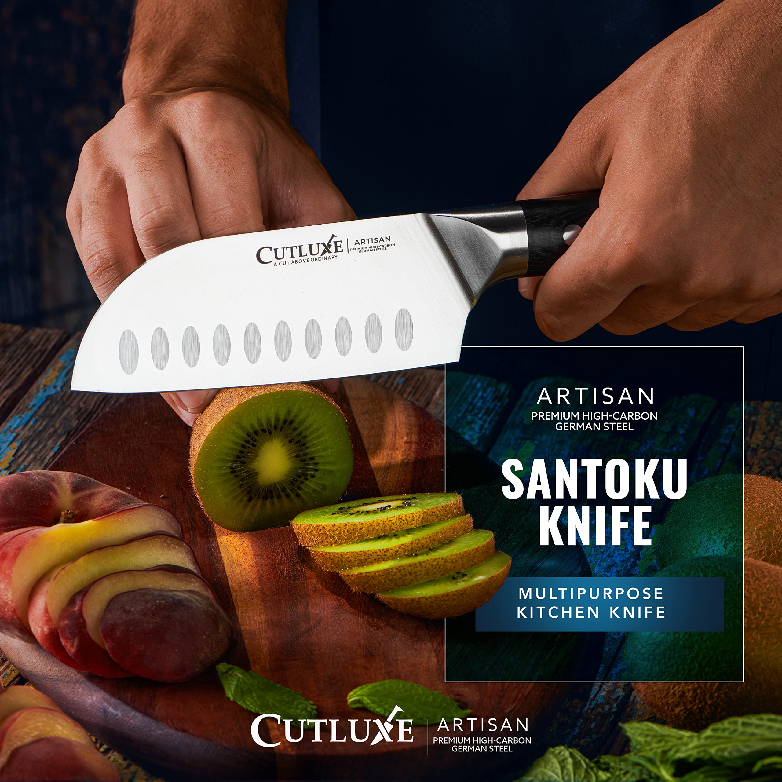 Cutluxe couteau en action découpant légumes rapidement pour gain de temps