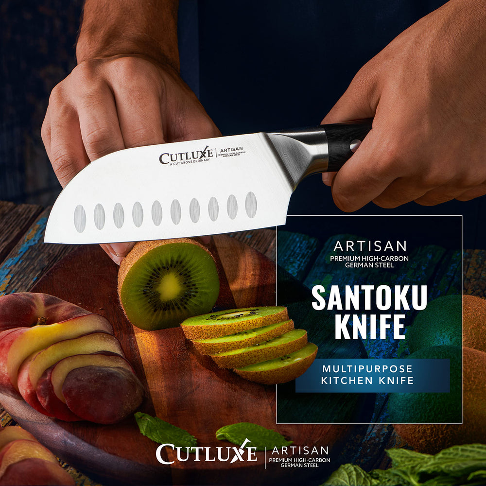 Cutluxe couteau en action découpant légumes rapidement pour gain de temps