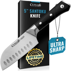 Cutluxe couteau santoku 5" face et emballage soigné, design prêt à l'usage