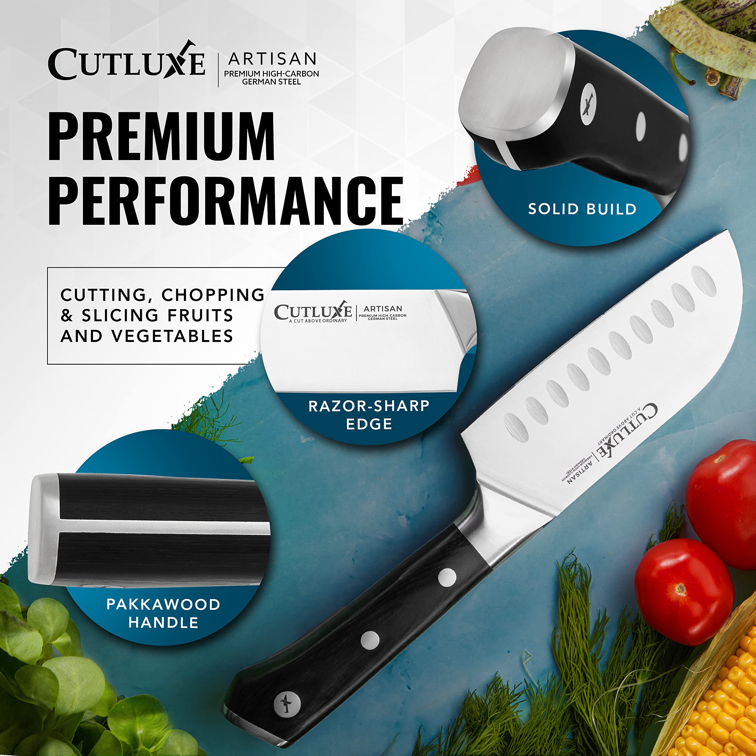 Cutluxe santoku mis en scène dans une cuisine moderne, polyvalence visible