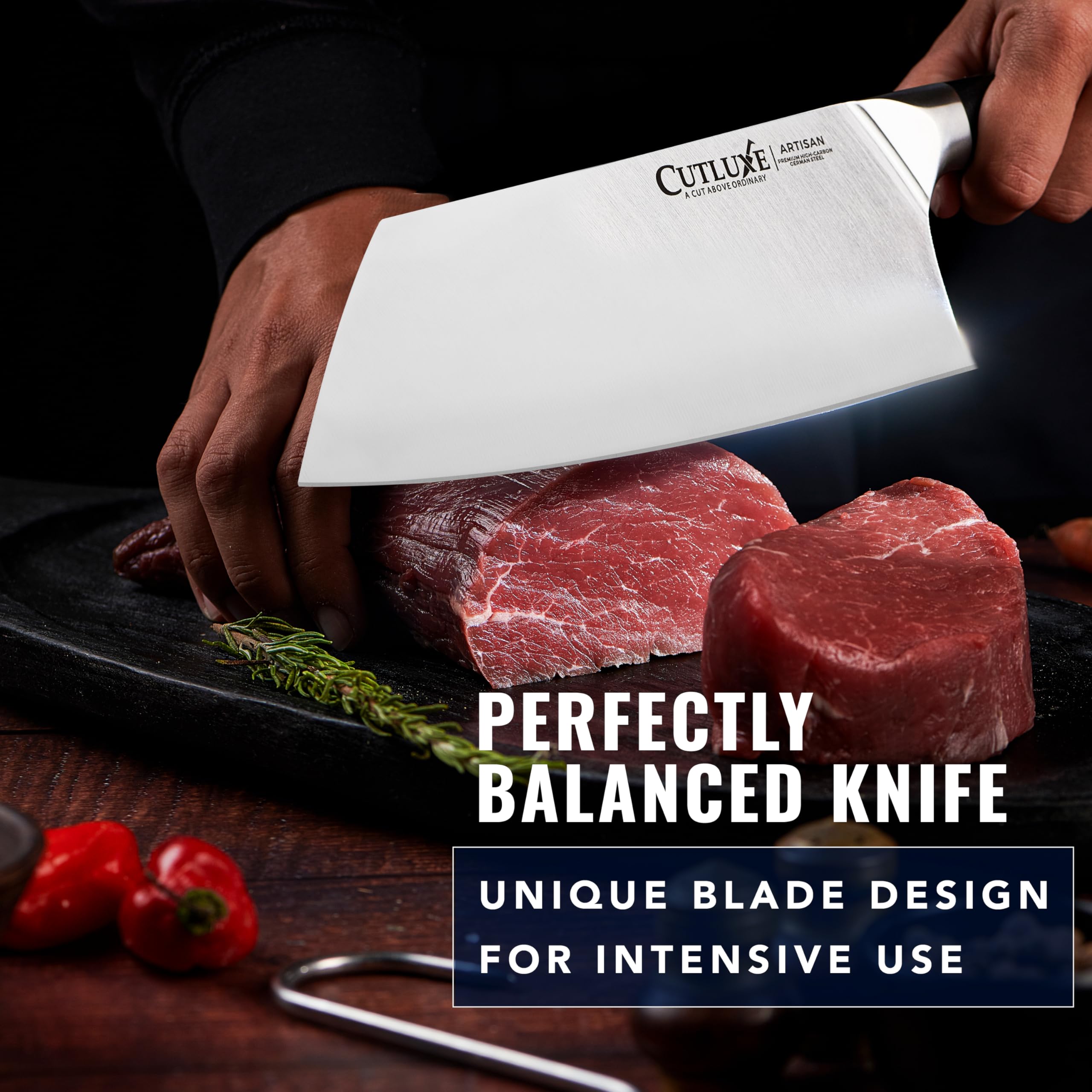 Cutluxe tranchage d'un steak épais, résultat net et uniforme
