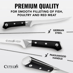 Cutluxe couteau en action filetant un poisson, coupe nette et sans déchirure