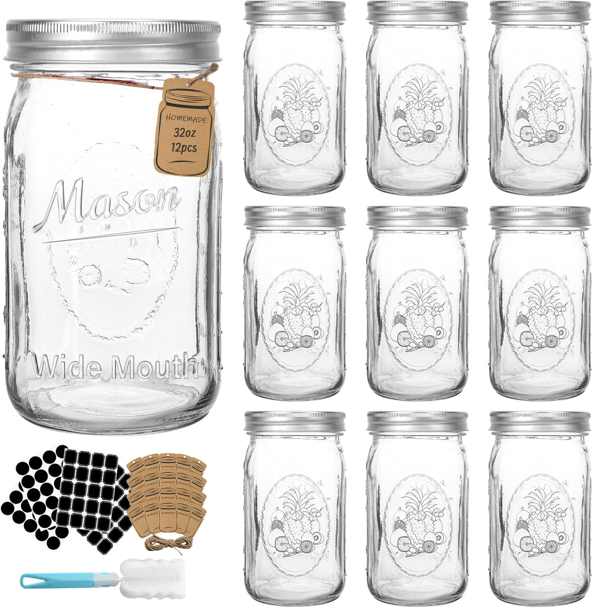 CycleMore vue de face du bocal Mason 32 oz montrant transparence et étiquette pratique