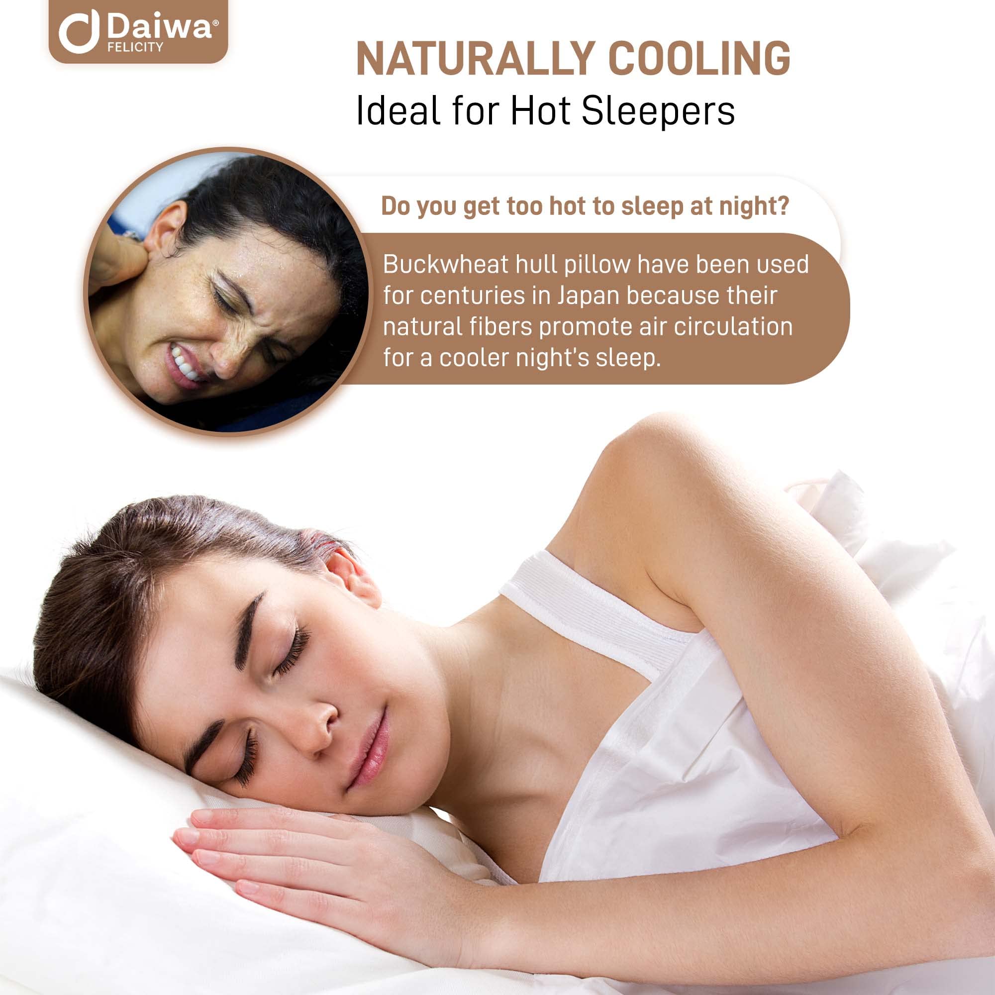 Daiwa Felicity oreiller en usage sur un lit illustrant alignement cervical