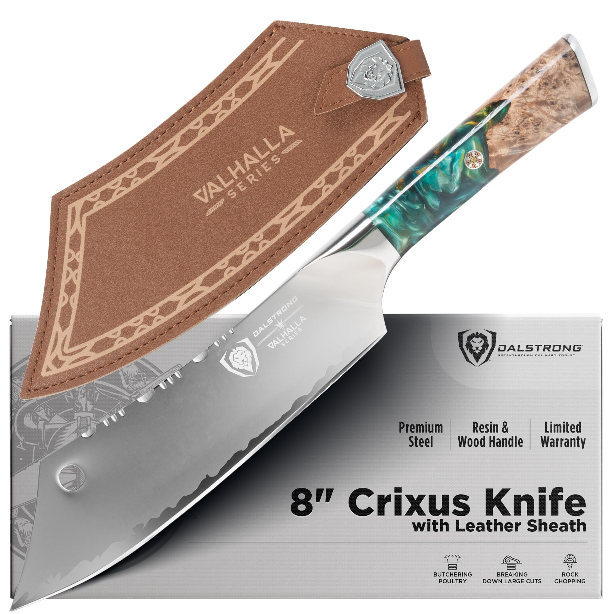 Dalstrong Crixus face avant montrant lame large et précision de coupe