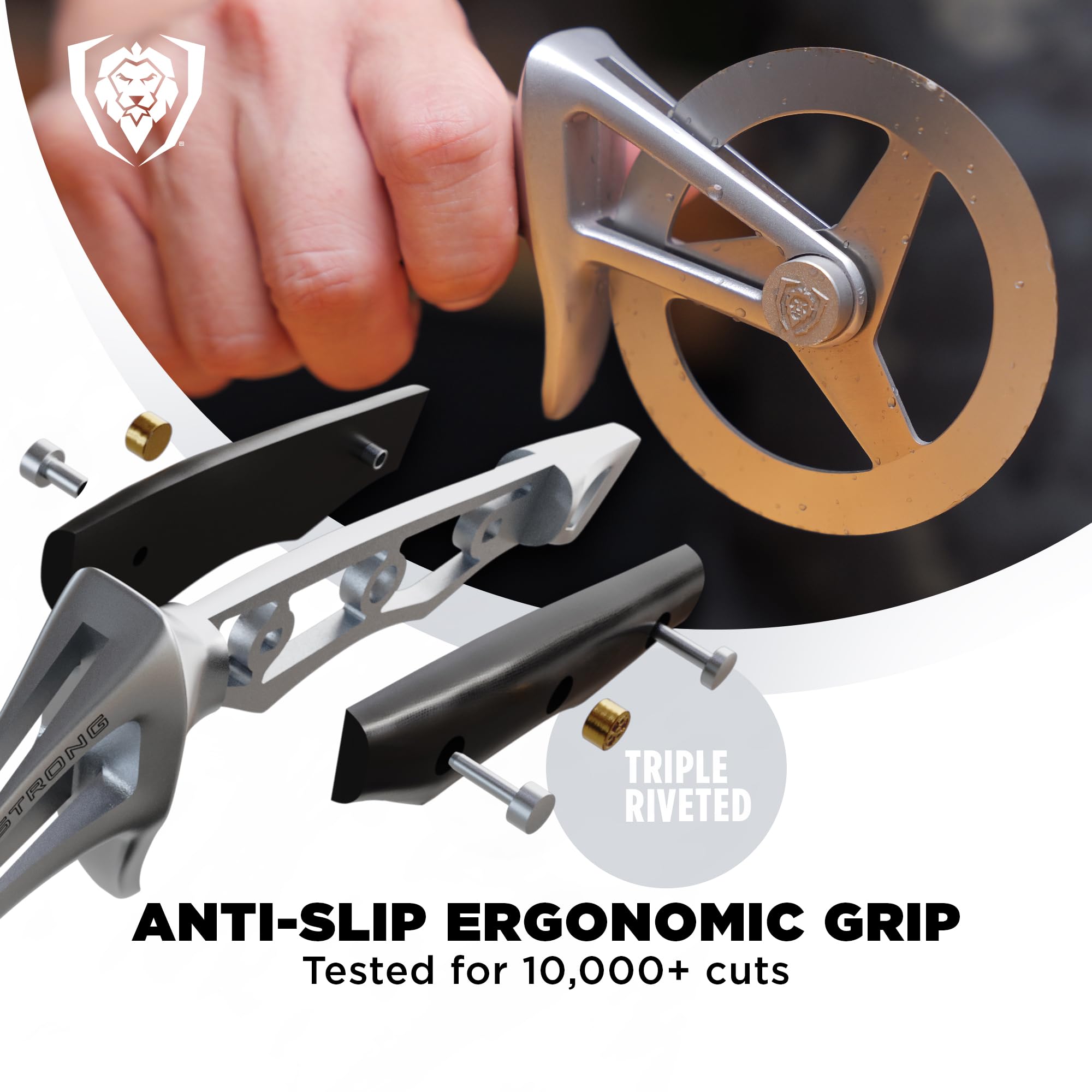 Dalstrong Orbit Razor en action coupant une pizza, coupe nette sans déplacer les garnitures