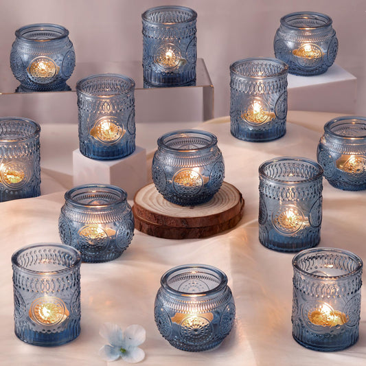DARJEN vue d'ensemble du lot 24 porte-bougies bleu, idéal pour décorations