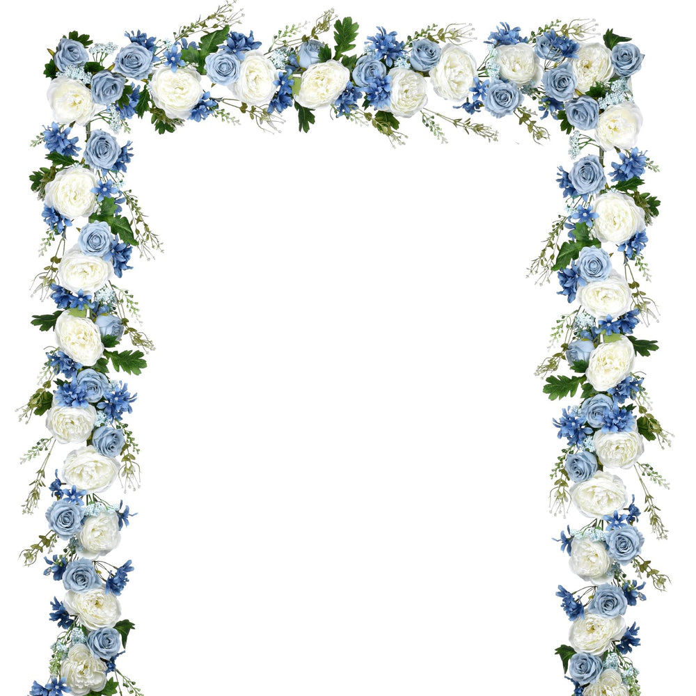DearHouse guirlande face avant montrant fleurs blanches et bleues, rend la table élégante