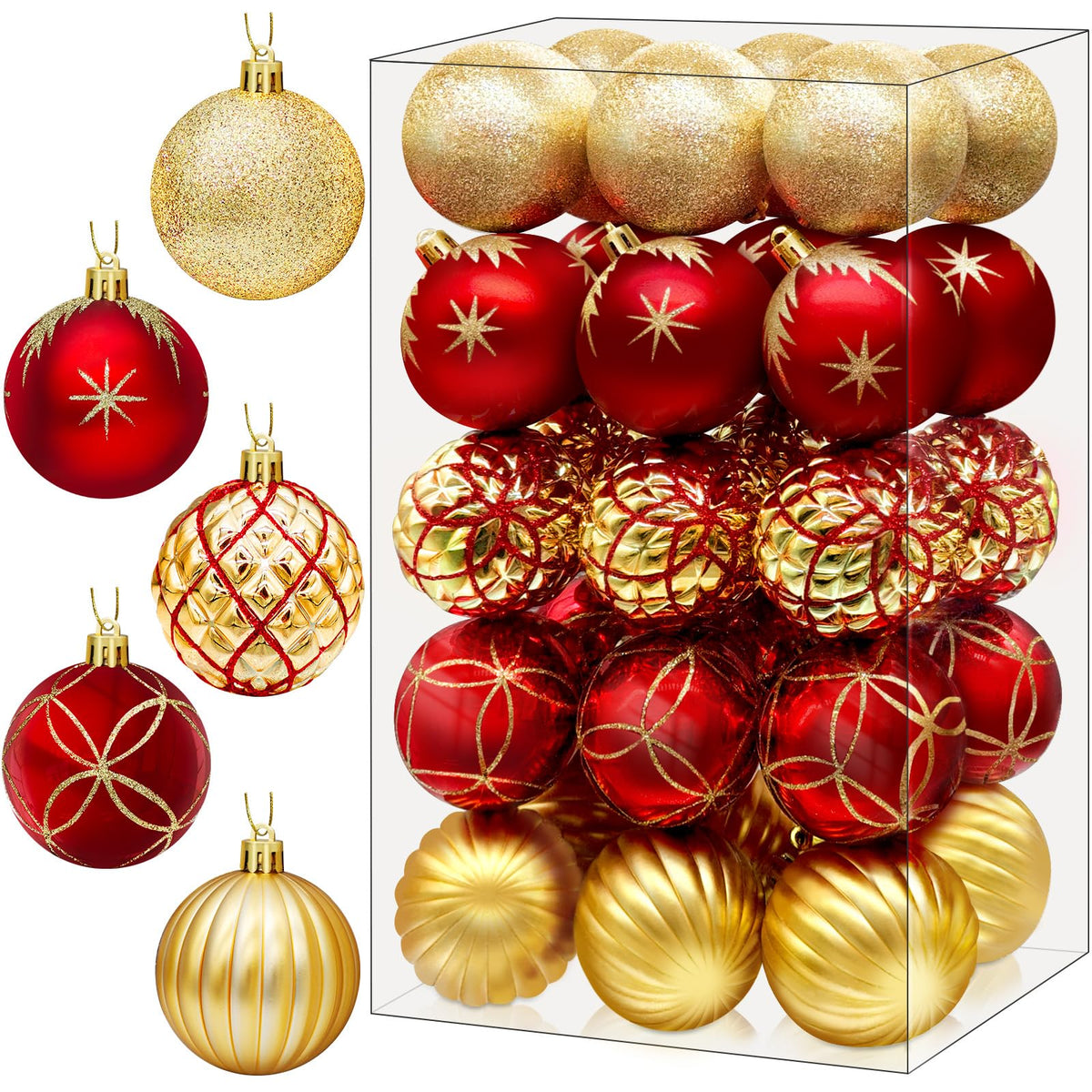 DeckTheHalls face du coffret de 30 boules rouges et or, rangement pratique