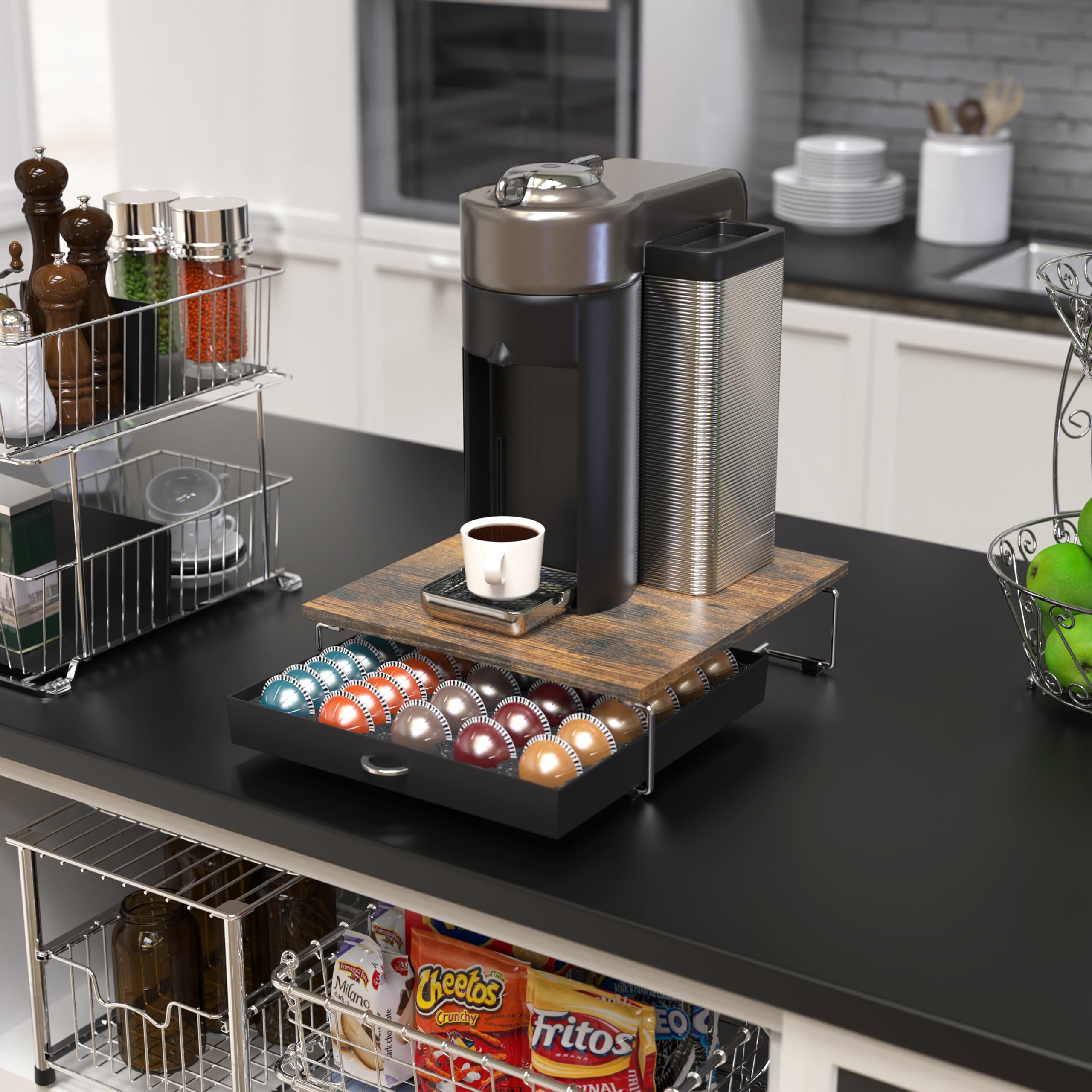 Deco Brothers tiroir ouvert avec capsules Vertuo visibles pour sélection rapide