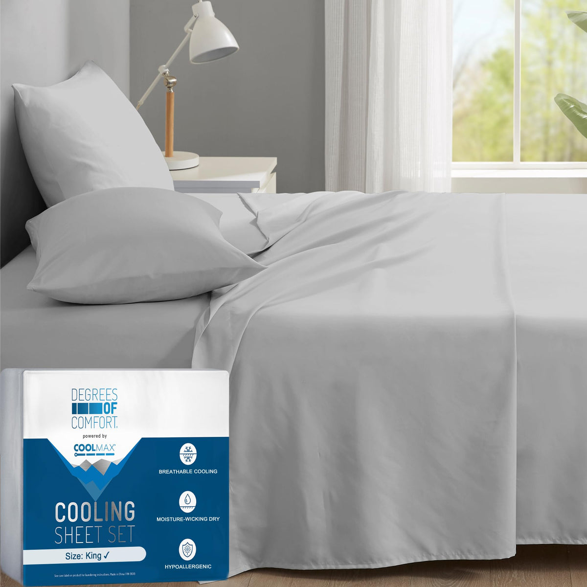Degrees of Comfort draps King face montrant finition et couleur gris clair pour meilleure fraîcheur