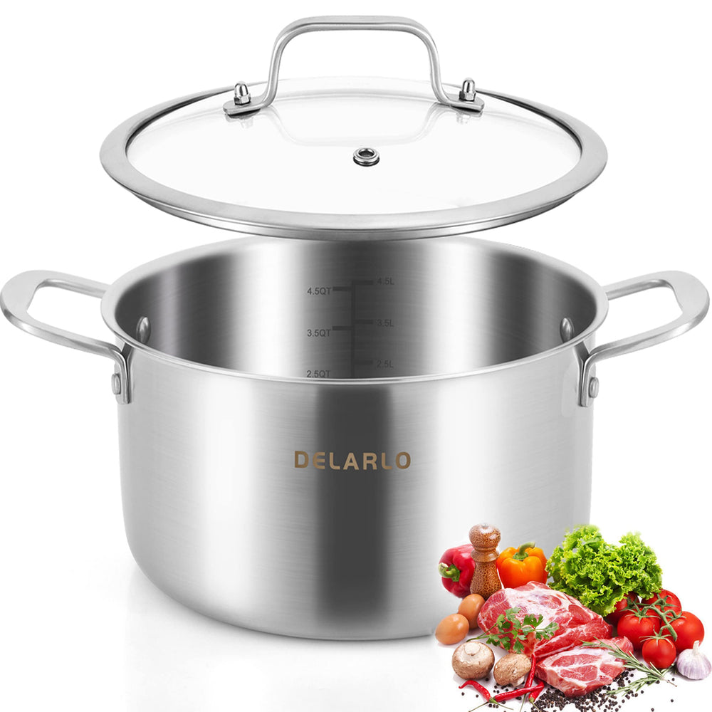 DELARLO vue avant du pot inox, finition robuste pour cuisson fiable