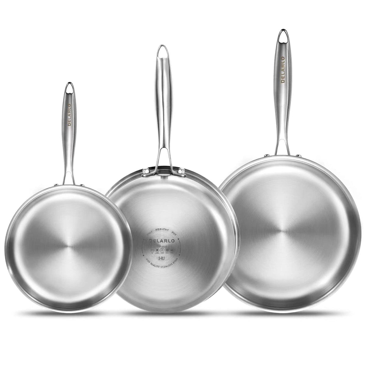 DELARLO ensemble de poêles tri‑ply face avant montrant trois diamètres et finition inox