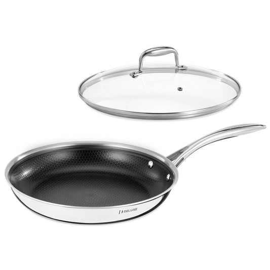 DELUXE poêle 12" face avant montrant design et couvercle, qualité durable