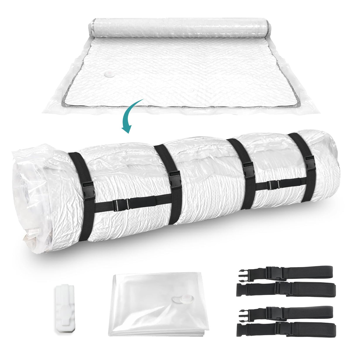 Demine housse matelas vue face montrant compression et gain de place