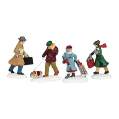 Department 56 vue avant des quatre figurines Busy Sidewalks, ajoute du réalisme festif