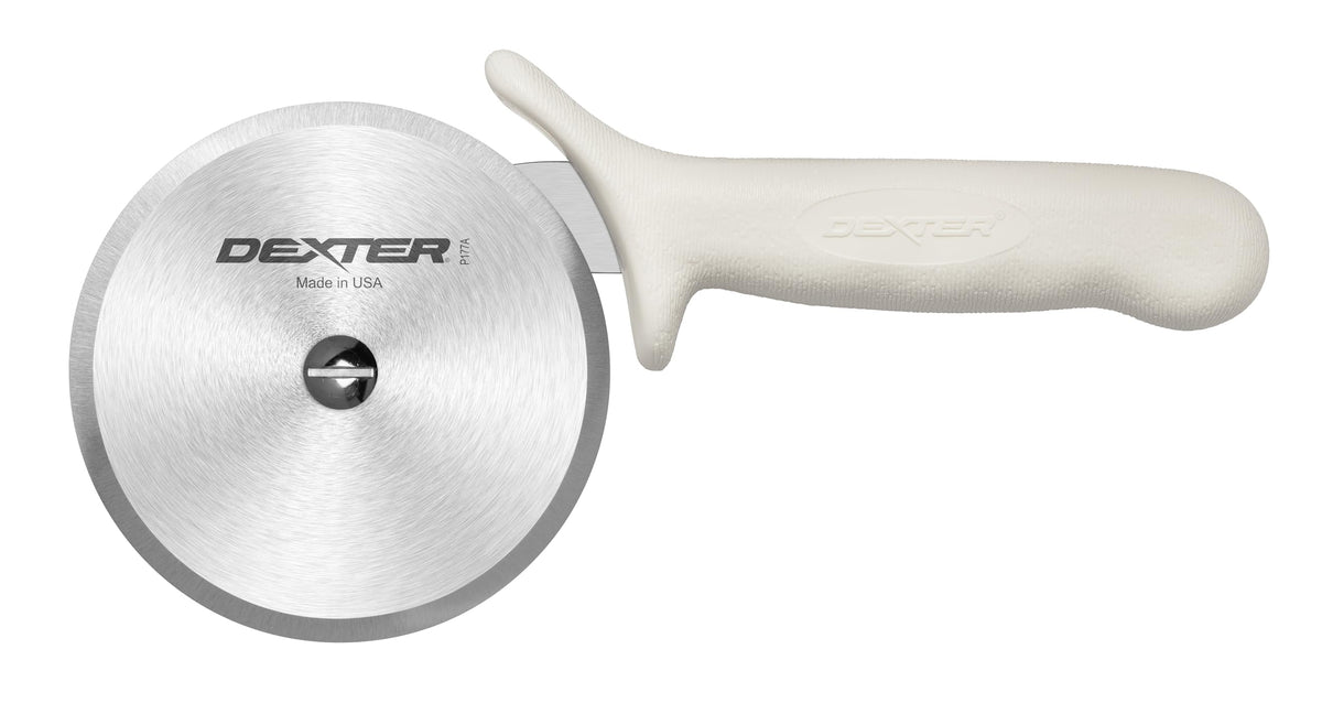 Dexter-Russell face montrant coupe-pizza complet, robustesse et finition professionnelle