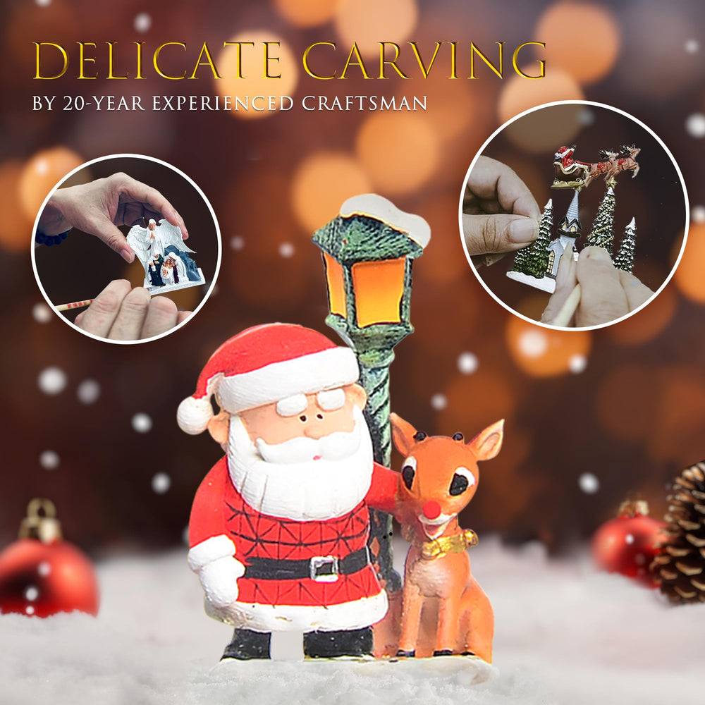 DGSCAK gros plan des figurines Père Noël et cerf, détails soignés