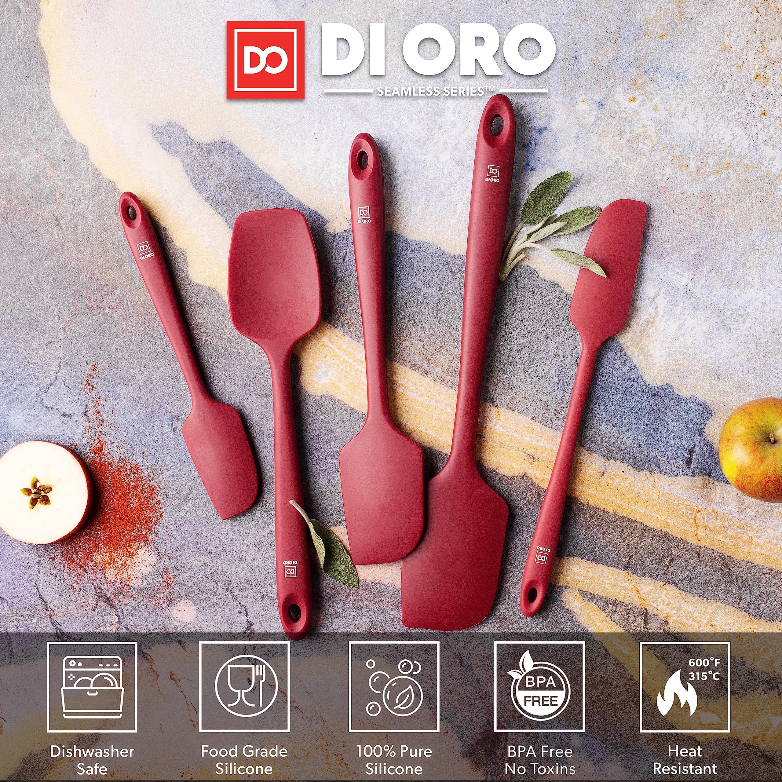 di Oro Living spatule utilisée dans une poêle chaude démontrant nettoyage facile et protection antiadhésive
