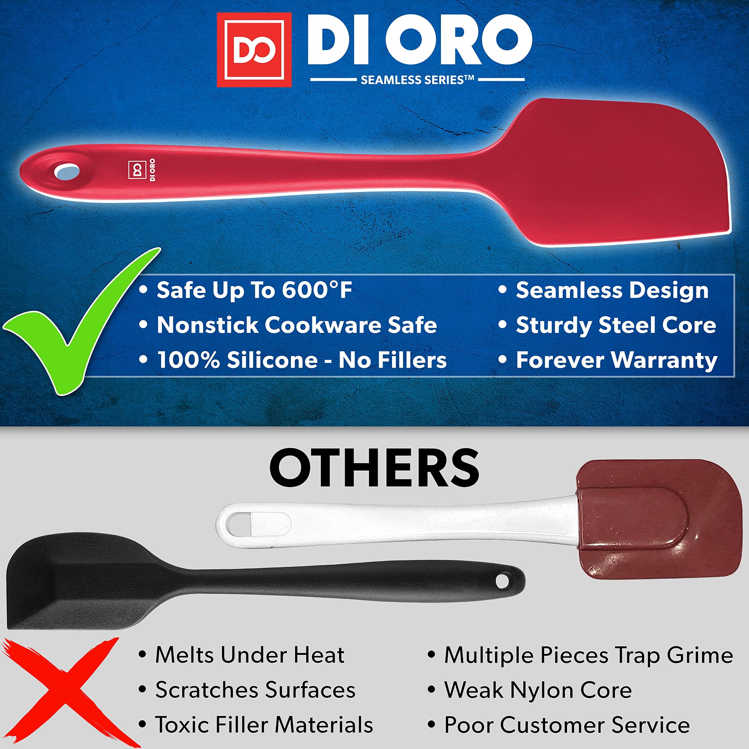 di Oro Living gros plan sur silicone rouge montrant texture lisse et résistance pour cuisiner en sécurité