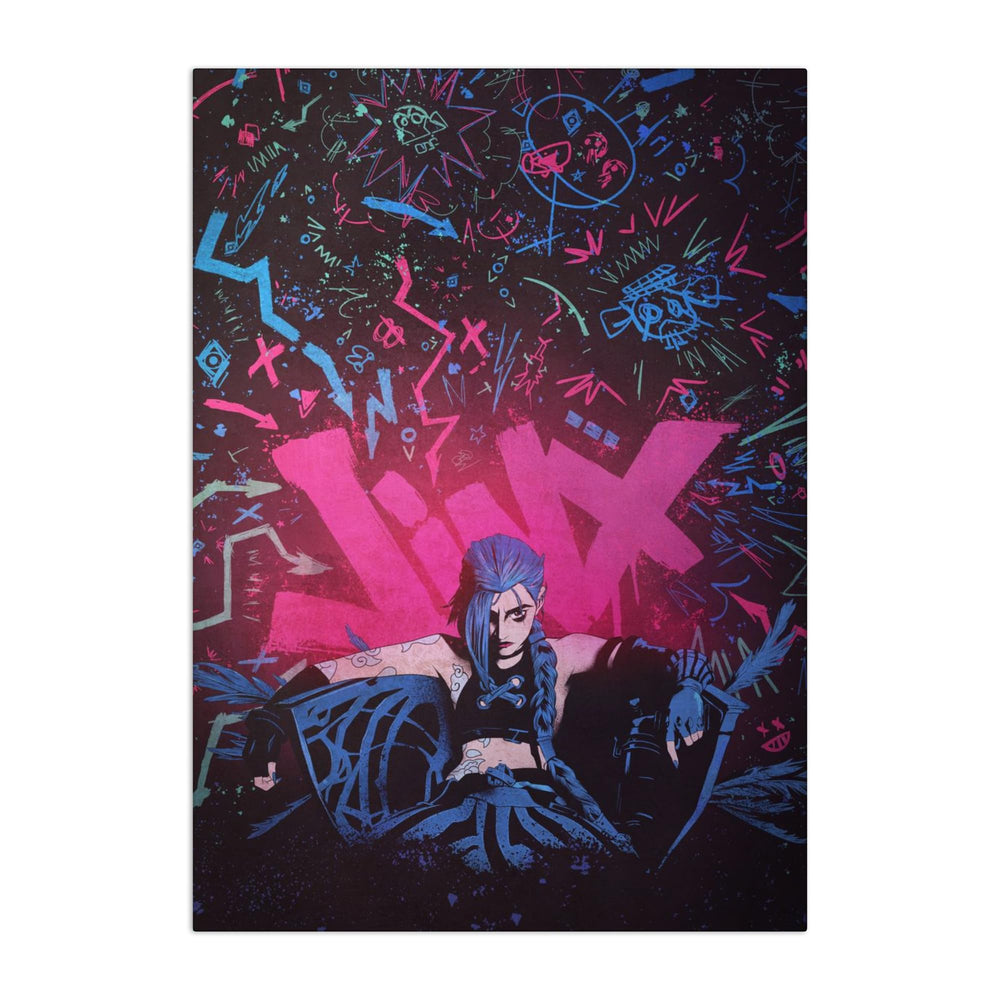 Displate montrant face avant Jinx et couleurs vives bénéfice déco