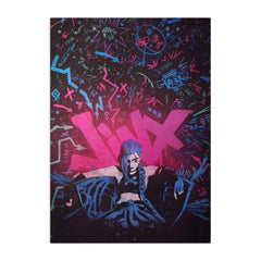 Displate montrant face avant Jinx et couleurs vives bénéfice déco