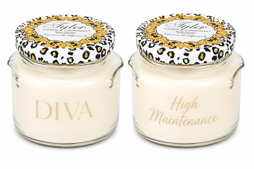 Diva & High Maintenance jarre face montrant l’emballage et l’élégance de la bougie