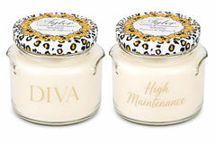 Diva & High Maintenance jarre face montrant l’emballage et l’élégance de la bougie