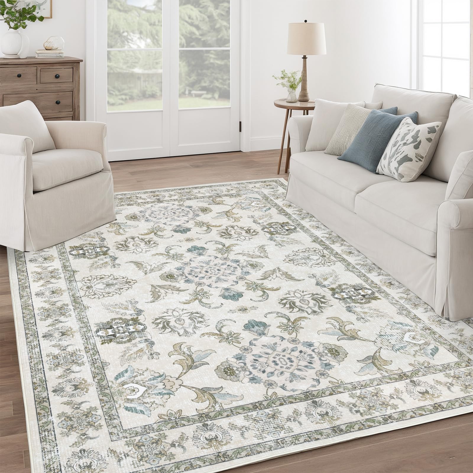 Dotiiorug tapis face avant beige et vert sauge apporte chaleur décorative