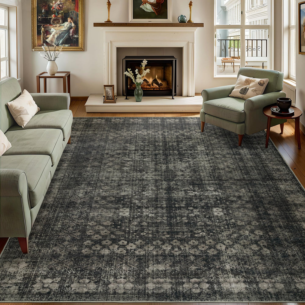 Dotiiorug vue avant du tapis 8x10 noir montrant le motif et la finition élégante