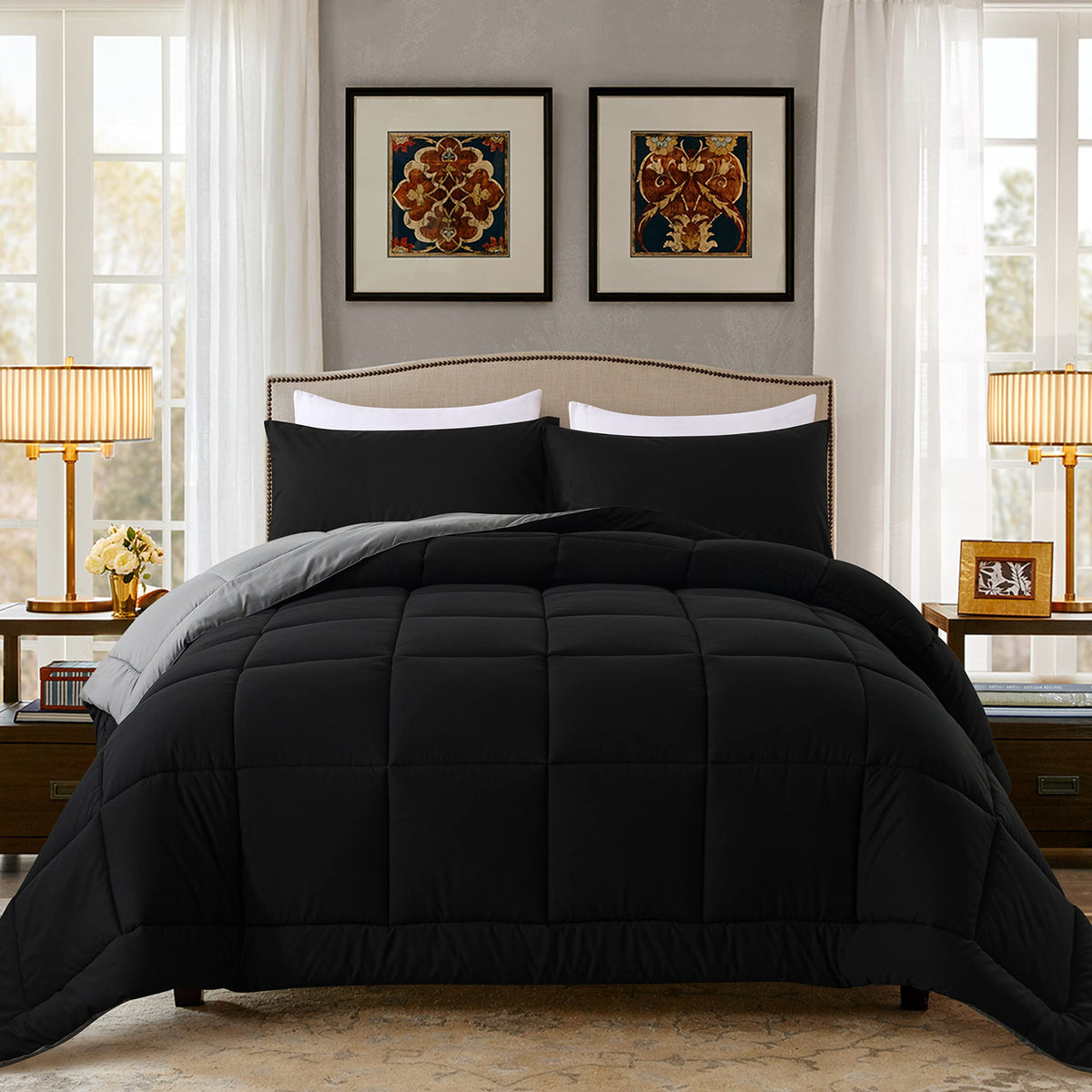 DOWNCOOL couette vue de face montrant le style noir/gris et confort