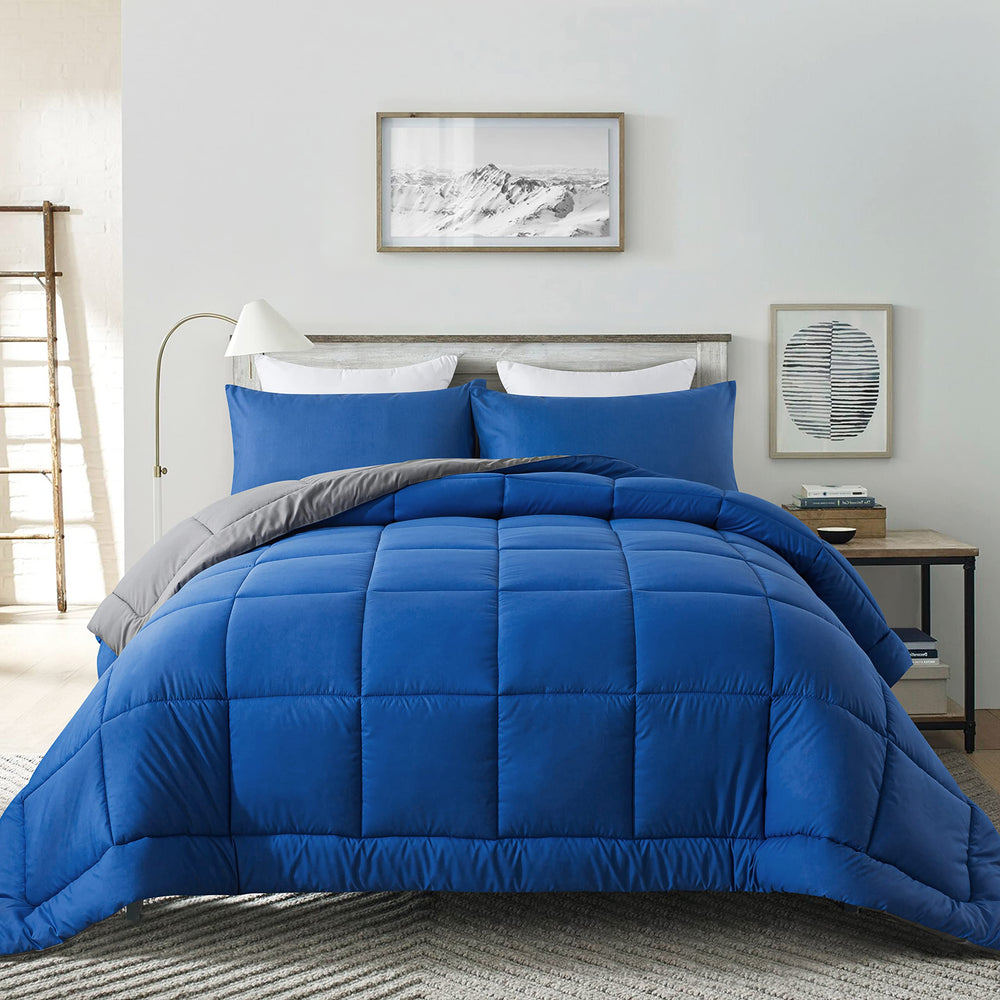 DOWNCOOL couette pleine taille vue de face montrant couleur bleu/gris et finition confortable
