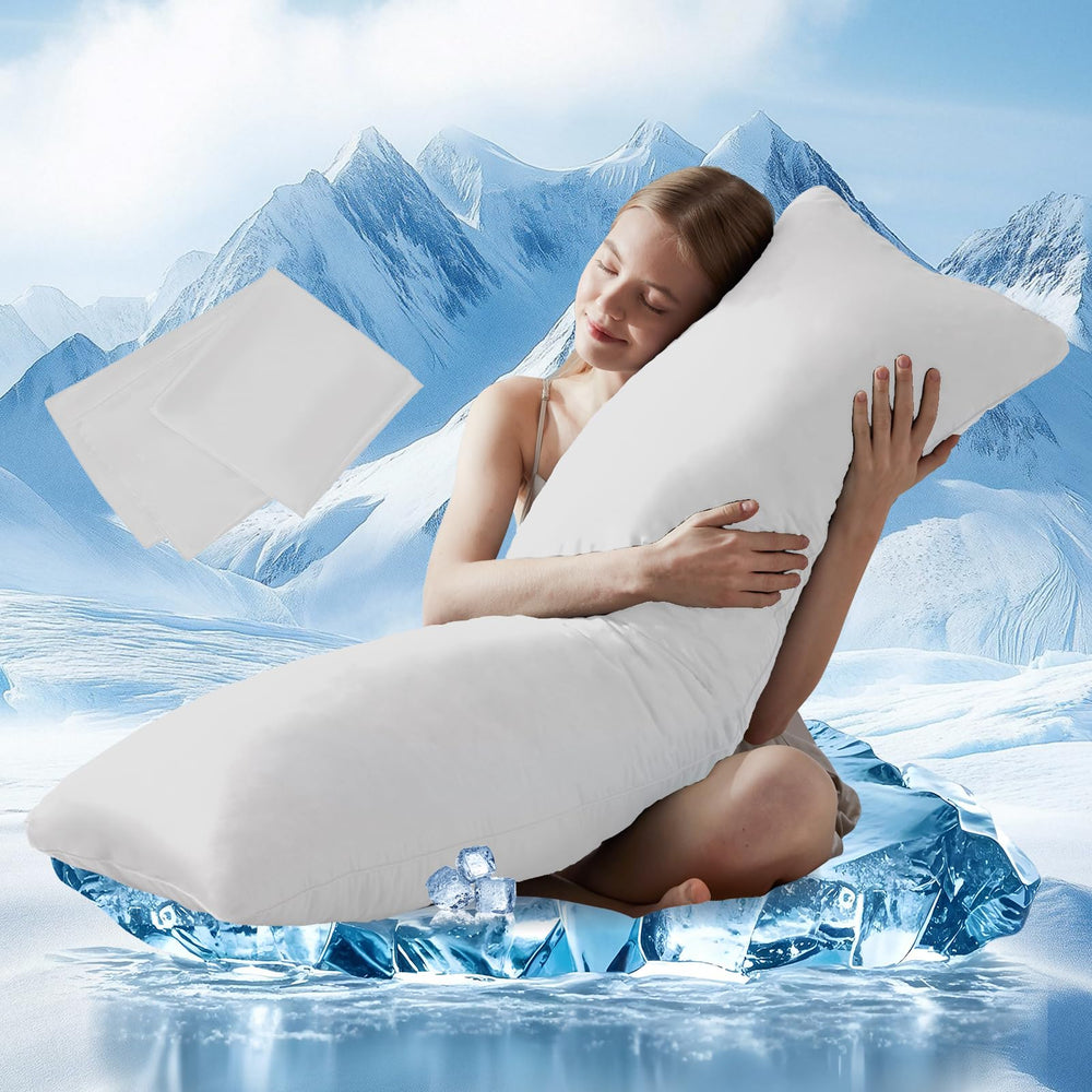 DOWNCOOL oreiller corporel face avant montrant forme et housse, confort immédiat
