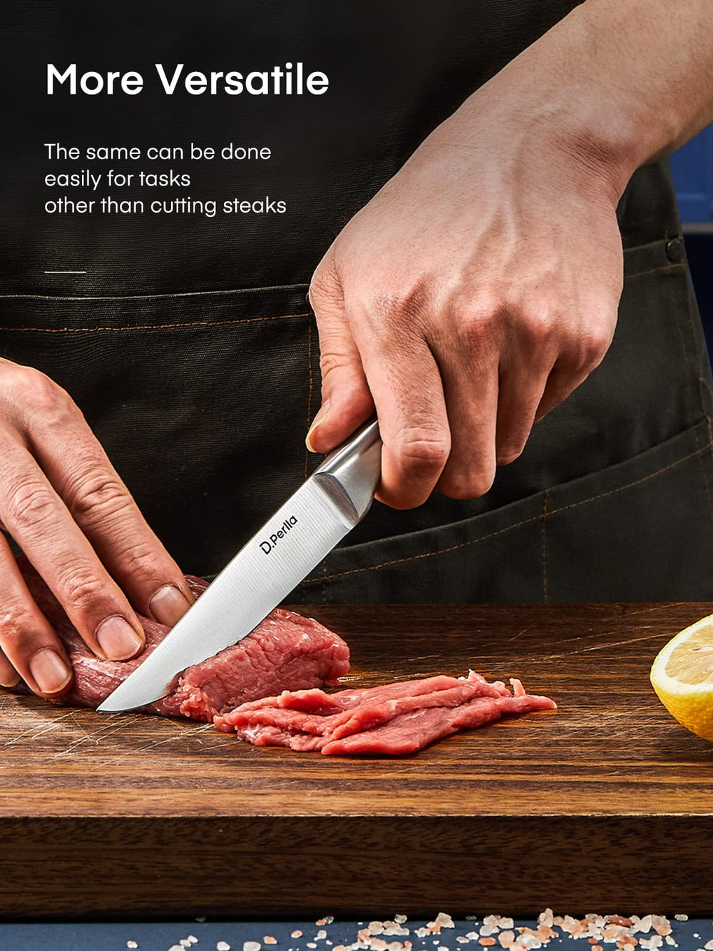 D.Perlla couteau en action coupant un steak, précision assurée