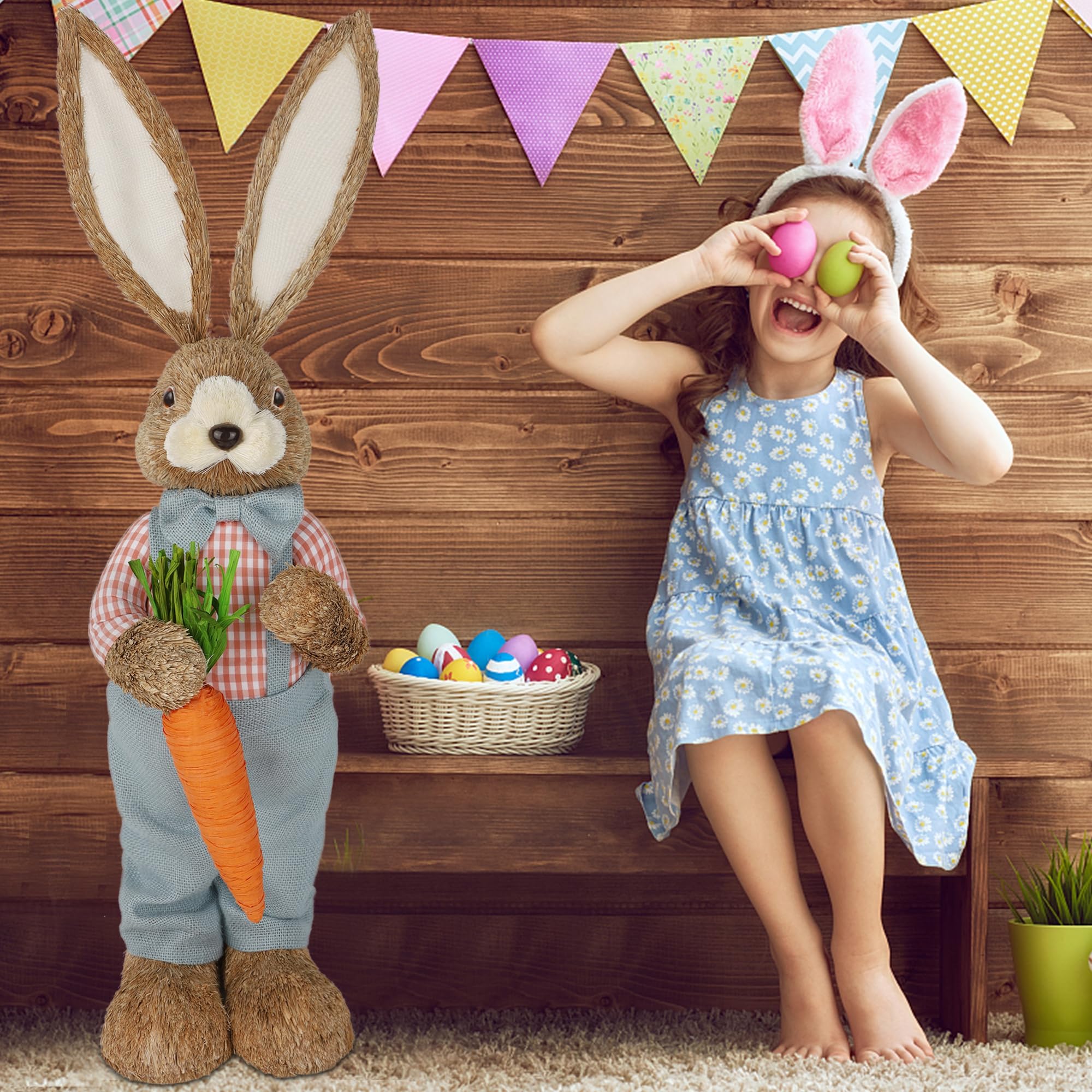DR.DUDU lapin utilisé comme accessoire photo familial, parfait pour portraits saisonniers