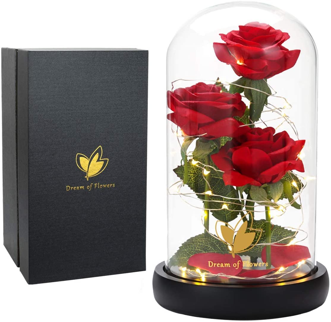 Dream of Flowers cloche face montrant la rose et l'éclairage, cadeau élégant