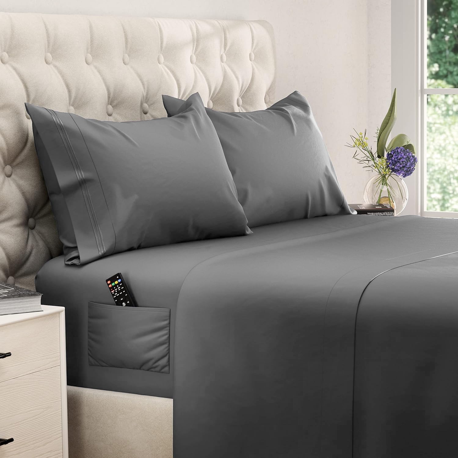 DREAMCARE emballage du set de draps king, aperçu produit et couleur gris foncé