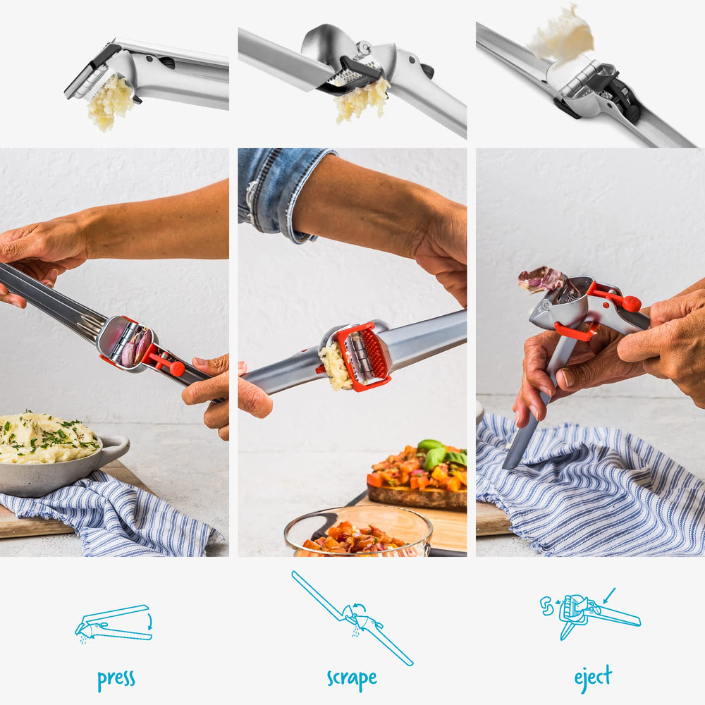 Dreamfarm Garject en action pressant des gousses non épluchées pour rapidité en cuisine