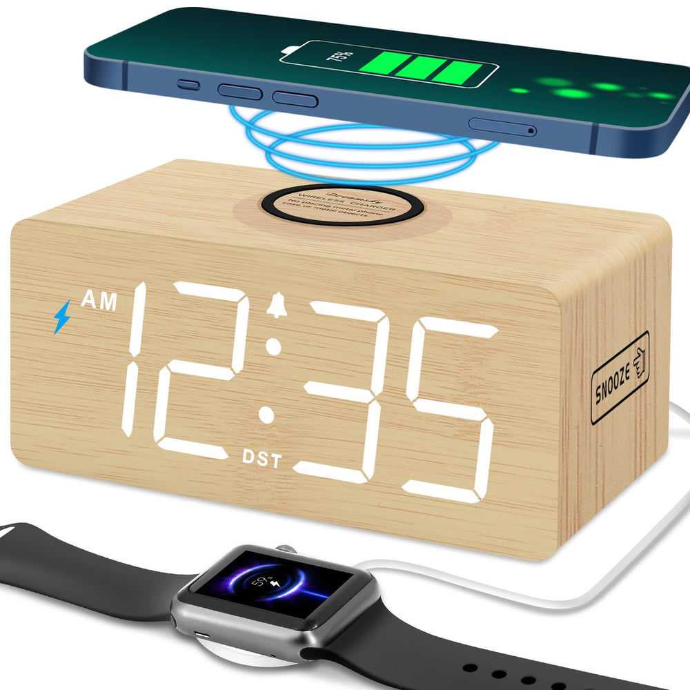DreamSky vue de face de l'horloge bois montrant l'affichage net et bénéfice lisibilité